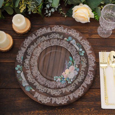 25-Pack Paper Round Dinner Plates 10" Brown Wood Print with Floral Lace Rim - Disposable Party Plates for Rustic Themes & Celebrations