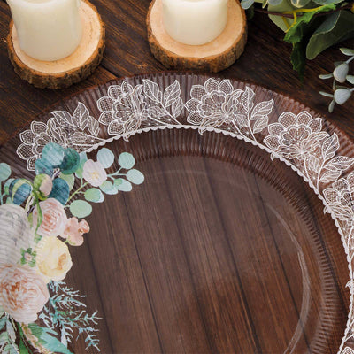 25-Pack Paper Round Dinner Plates 10" Brown Wood Print with Floral Lace Rim - Disposable Party Plates for Rustic Themes & Celebrations