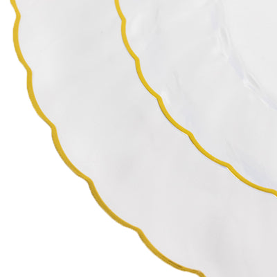10-Pack Plastic Round Salad Dessert Plates 7.5" Clear with Gold Flair Rim - Disposable Party Plates for Classy Events & Celebrations