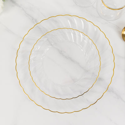 10-Pack Plastic Round Salad Dessert Plates 7.5" Clear with Gold Flair Rim - Disposable Party Plates for Classy Events & Celebrations