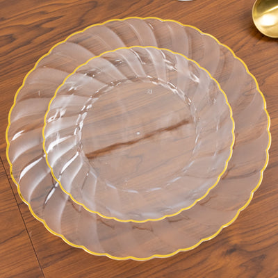 10-Pack Plastic Round Salad Dessert Plates 7.5" Clear with Gold Flair Rim - Disposable Party Plates for Classy Events & Celebrations