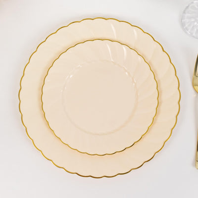 10-Pack Plastic Round Salad Dessert Plates 7.5" Ivory with Gold Flair Rim - Disposable Party Plates for Classy Events & Celebrations