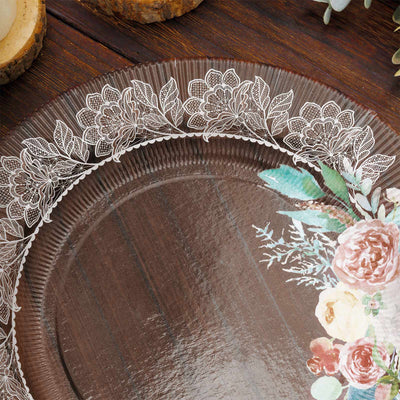 25-Pack Paper Round Dessert Plates 8" Brown Wood Print with Floral Lace Rim - Disposable Salad Appetizer Plates for Rustic Themes & Celebrations