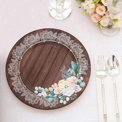 25-Pack Paper Round Dessert Plates 8" Brown Wood Print with Floral Lace Rim - Disposable Salad Appetizer Plates for Rustic Themes & Celebrations