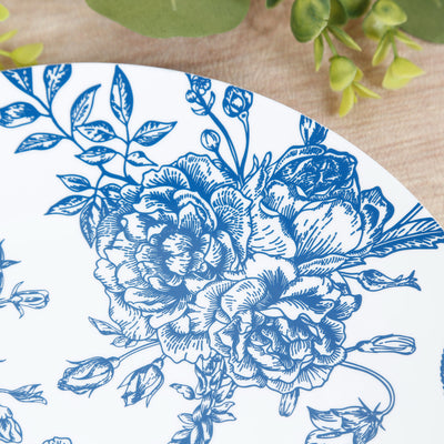 10-Pack French Toile Plastic Dinner Plates – Blue & White Floral, 10" Round Disposable Party Plates