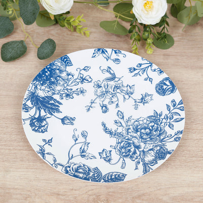 10-Pack French Toile Plastic Dinner Plates – Blue & White Floral, 10" Round Disposable Party Plates