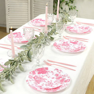 10-Pack French Toile Plastic Dinner Plates – Pink & White Floral, 10" Round Disposable Party Plates
