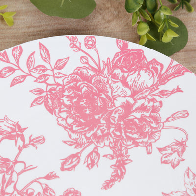 10-Pack French Toile Plastic Dinner Plates – Pink & White Floral, 10" Round Disposable Party Plates