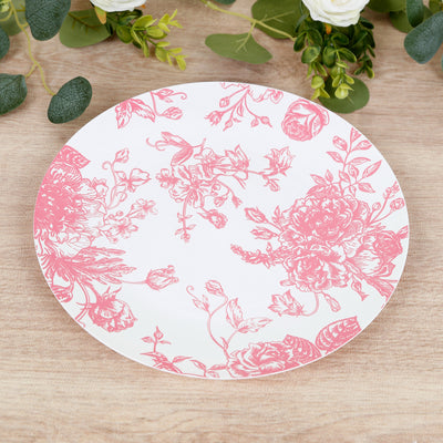 10-Pack French Toile Plastic Dinner Plates – Pink & White Floral, 10" Round Disposable Party Plates