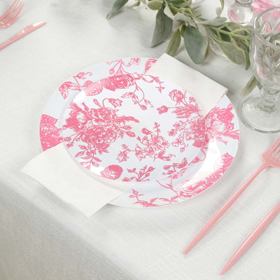 10-Pack French Toile Plastic Dessert Plates – Pink & White Floral, 7" Round Disposable Salad Plates