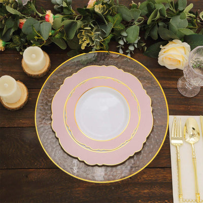 10-Pack Plastic Round Dinner Plates 10" White with Blush Blossom Design & Gold Edging - Disposable Party Plates