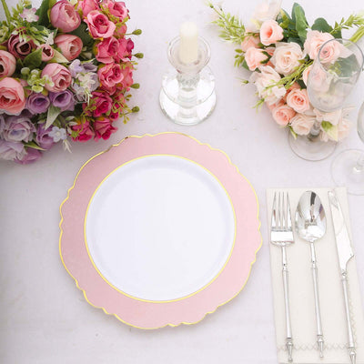 10-Pack Plastic Round Dinner Plates 10" White with Blush Blossom Design & Gold Edging - Disposable Party Plates
