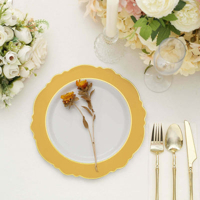 10-Pack Plastic Round Dinner Plates 10" White with Gold Blossom Design & Gold Edging - Disposable Party Plates for Modern & Sophisticated Tablescape