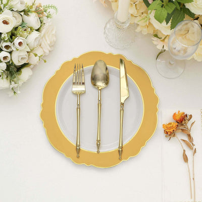 10-Pack Plastic Round Dinner Plates 10" White with Gold Blossom Design & Gold Edging - Disposable Party Plates for Modern & Sophisticated Tablescape