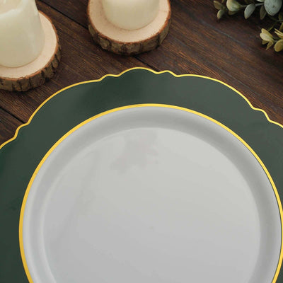 10-Pack Plastic Round Dinner Plates 10" White with Hunter Emerald Green Blossom Design & Gold Edging - Disposable Party Plates