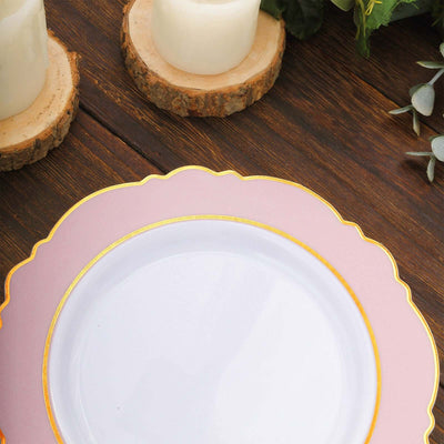 10-Pack Plastic Round Dessert Plates 8" White with Blush Blossom Design & Gold Edging - Disposable Salad Appetizer Plates