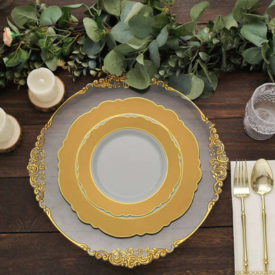 10-Pack Plastic Round Dessert Plates 8" White with Gold Blossom Design & Gold Edging - Disposable Salad Appetizer Plates for Modern & Sophisticated Tablescape