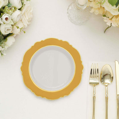 10-Pack Plastic Round Dessert Plates 8" White with Gold Blossom Design & Gold Edging - Disposable Salad Appetizer Plates for Modern & Sophisticated Tablescape