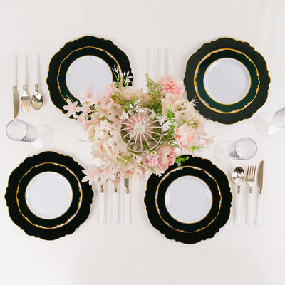 10-Pack Plastic Round Dessert Plates 8" White with Hunter Emerald Green Blossom Design & Gold Edging - Disposable Salad Appetizer Plates