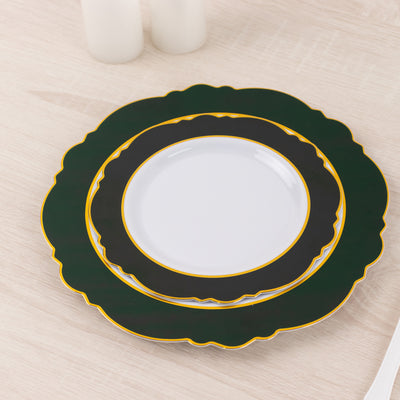 10-Pack Plastic Round Dessert Plates 8" White with Hunter Emerald Green Blossom Design & Gold Edging - Disposable Salad Appetizer Plates