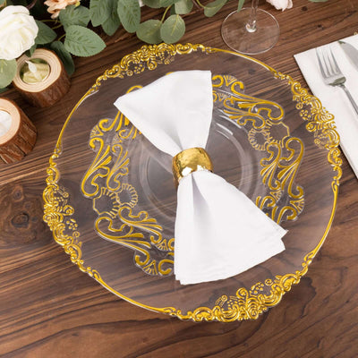 10-Pack Plastic Round Dessert Plates 8" Clear with Gold Vintage Baroque Scalloped Rim - European Style Disposable Salad Appetizer Plates