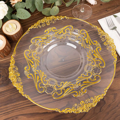 10-Pack Plastic Round Dessert Plates 8" Clear with Gold Vintage Baroque Scalloped Rim - European Style Disposable Salad Appetizer Plates
