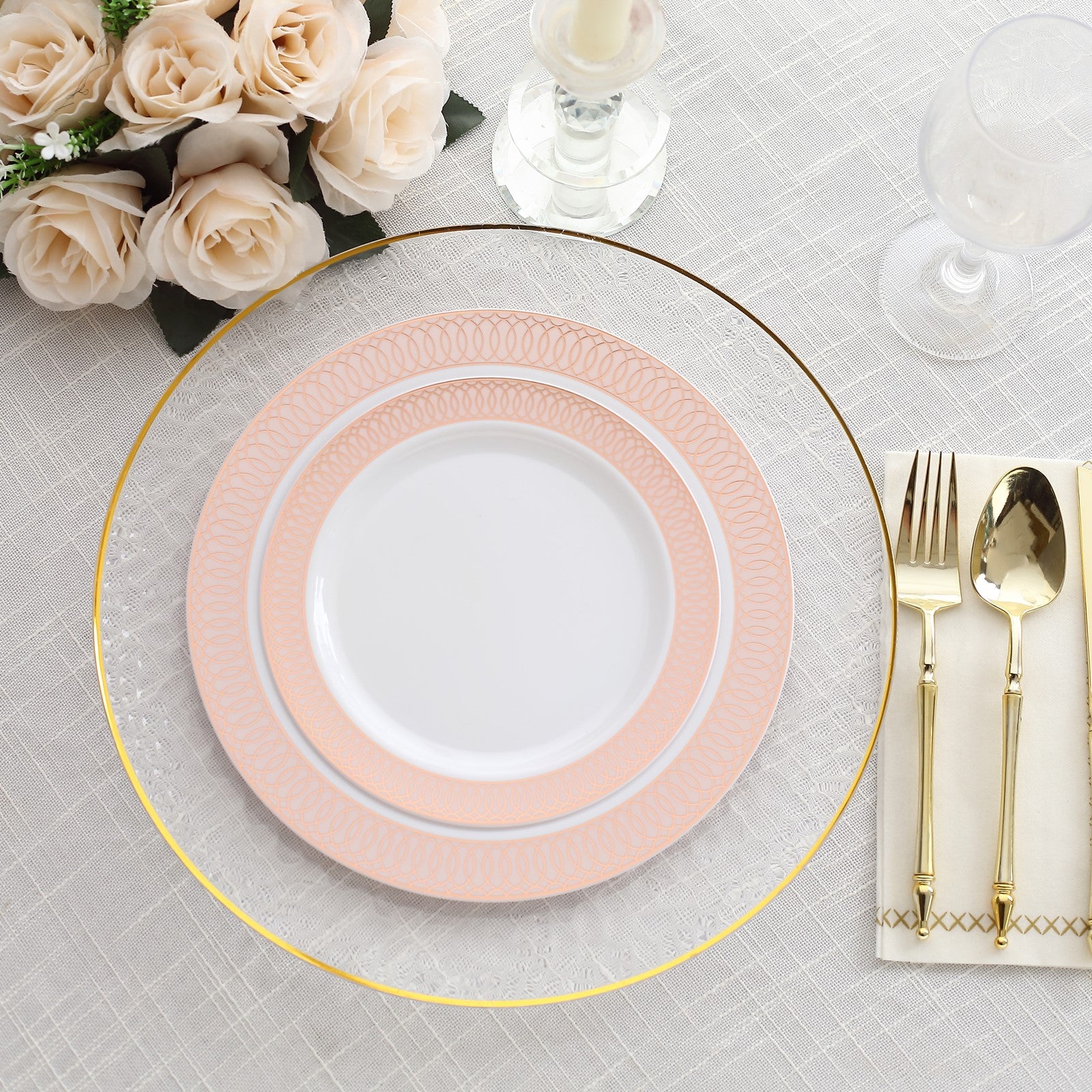 White Plastic Dinner Plates Disposable Round Rose Gold Rim