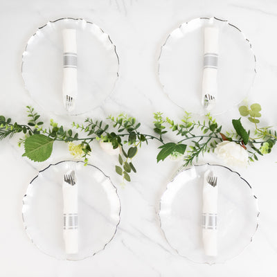 10-Pack Plastic Round Dinner Plates 10" Pearl White Sunflower with Silver Scalloped Rim - Disposable Party Plates for Sophisticated Events & Celebrations