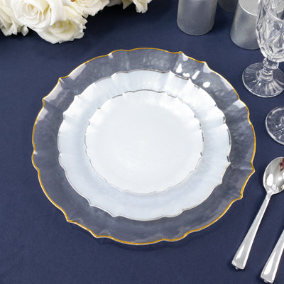 10-Pack Plastic Round Dinner Plates 10" Pearl White Sunflower with Silver Scalloped Rim - Disposable Party Plates for Sophisticated Events & Celebrations