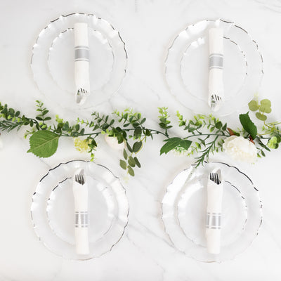 10-Pack Plastic Round Dessert Appetizer Plates 7" Pearl White Sunflower with Silver Scalloped Rim - Disposable Salad Plates for Sophisticated Events & Celebrations