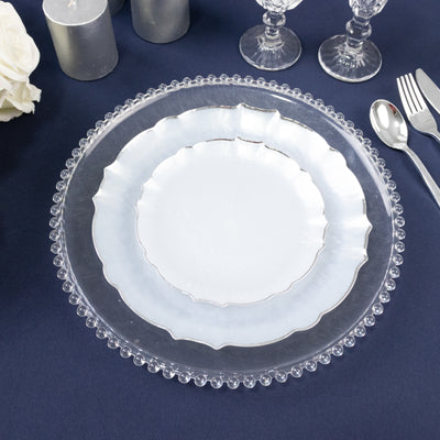 10-Pack Plastic Round Dessert Appetizer Plates 7" Pearl White Sunflower with Silver Scalloped Rim - Disposable Salad Plates for Sophisticated Events & Celebrations