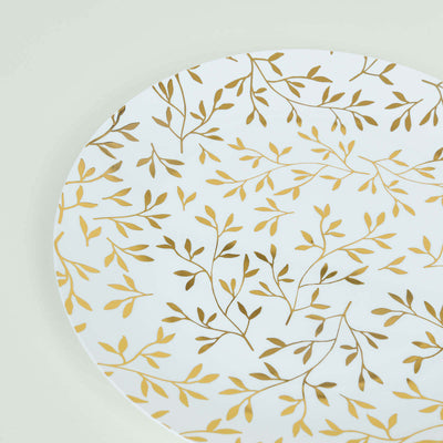10-Pack Plastic Round Dinner Plates 10" White with Gold Leaf Design - Heavy Duty Disposable Party Plates for Festive Occasions & Memorable Celebrations