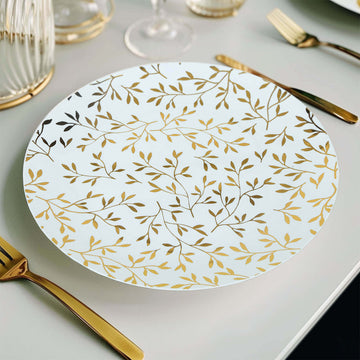 10 Pack White Round Plastic Dinner Plates with Gold Leaf Design, Heavy Duty Disposable Party Plates - 10"