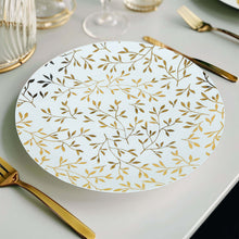 10 Pack White Round Plastic Dinner Plates with Gold Leaf Design, Heavy Duty Disposable Party