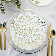 10 Pack White Round Plastic Dinner Plates with Gold Leaf Design, Heavy Duty Disposable Party