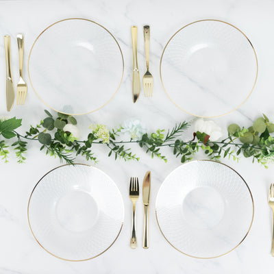 20-Pack Round Plastic Dinner Plates – Clear 10" Radial Diamond-Cut Pattern Gold Rim Party Plates, Durable Disposable Tableware