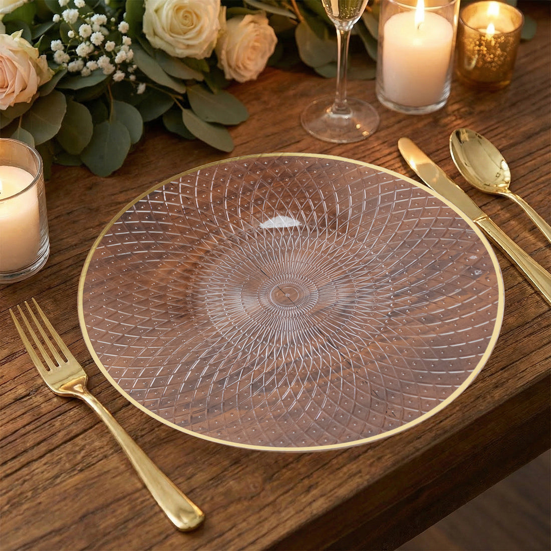 20-Pack Round Plastic Dinner Plates – Clear 10inch Radial Diamond-Cut Pattern Gold Rim