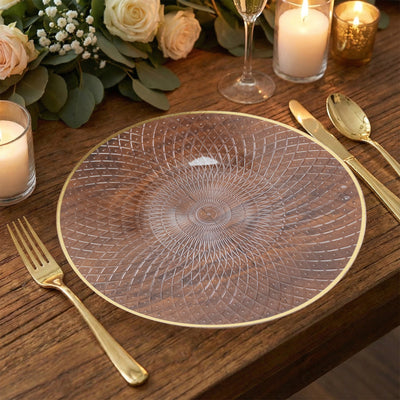20-Pack Round Plastic Dinner Plates – Clear 10" Radial Diamond-Cut Pattern Gold Rim Party Plates, Durable Disposable Tableware