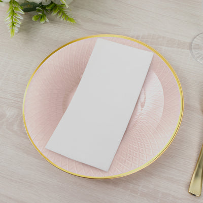 20-Pack Round Plastic Dinner Plates – Pearl Blush 10" Radial Diamond-Cut Pattern Gold Rim Party Plates, Durable Disposable Tableware