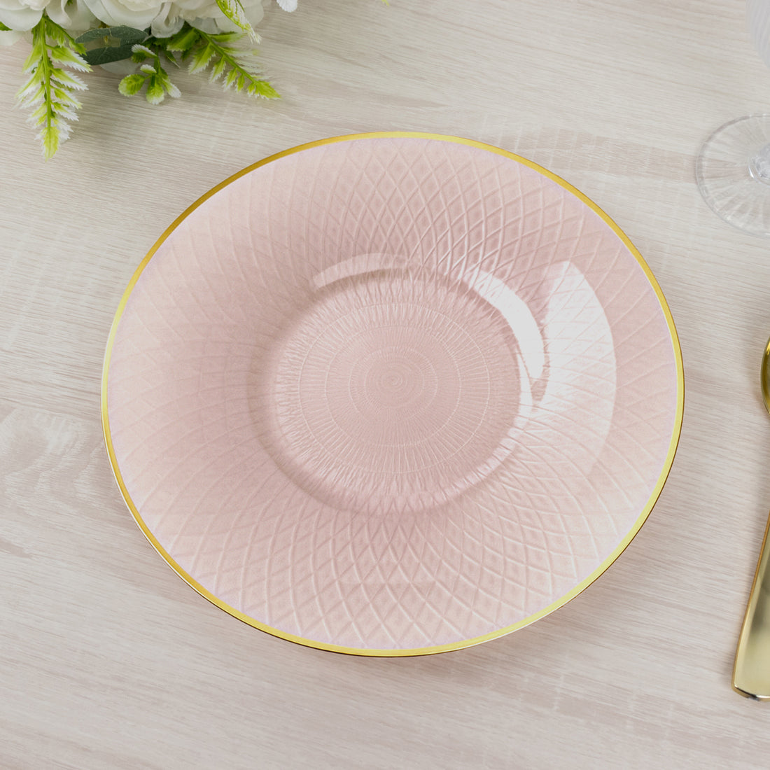 20-Pack Round Plastic Dinner Plates – Pearl Blush 10inch Radial Diamond-Cut Pattern Gold Rim