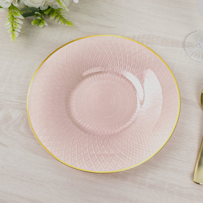20-Pack Round Plastic Dinner Plates – Pearl Blush 10" Radial Diamond-Cut Pattern Gold Rim Party Plates, Durable Disposable Tableware