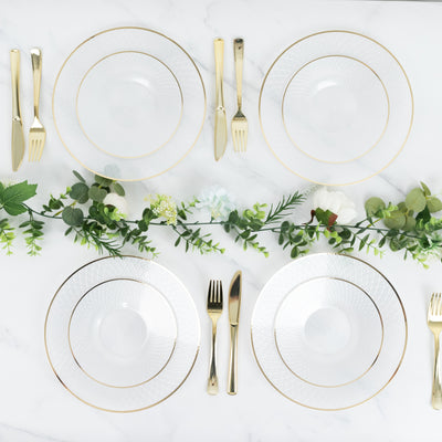 20-Pack Round Plastic Dessert Plates – Clear 7" Radial Diamond-Cut Pattern Gold Rim Salad Plates, Durable Disposable Tableware