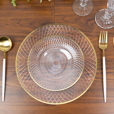 20-Pack Round Plastic Dessert Plates – Clear 7" Radial Diamond-Cut Pattern Gold Rim Salad Plates, Durable Disposable Tableware