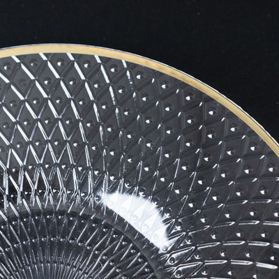 20-Pack Round Plastic Dessert Plates – Clear 7" Radial Diamond-Cut Pattern Gold Rim Salad Plates, Durable Disposable Tableware