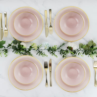 20-Pack Round Plastic Dessert Plates – Pearl Blush 7" Radial Diamond-Cut Pattern Gold Rim Salad Plates, Durable Disposable Tableware