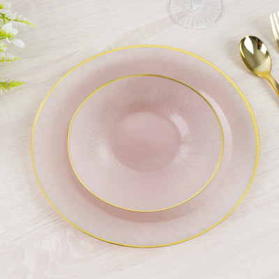 20-Pack Round Plastic Dessert Plates – Pearl Blush 7" Radial Diamond-Cut Pattern Gold Rim Salad Plates, Durable Disposable Tableware