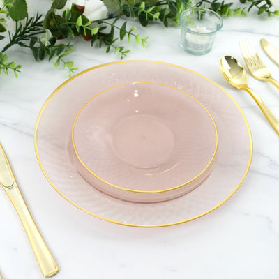 20-Pack Round Plastic Dessert Plates – Pearl Blush 7" Radial Diamond-Cut Pattern Gold Rim Salad Plates, Durable Disposable Tableware