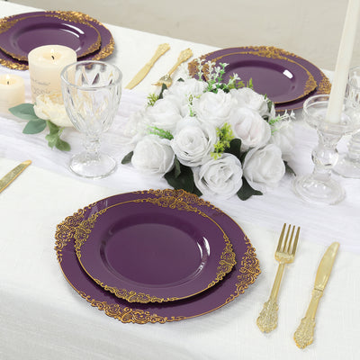 10-Pack Plastic Round Dinner Plates 10" Purple with Gold Leaf Embossed Rim - Vintage Baroque Style Disposable Plates