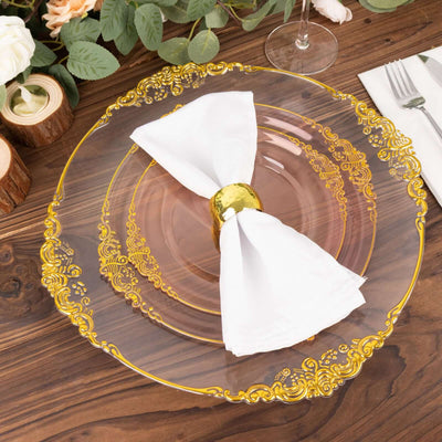 10-Pack Plastic Round Dinner Plates 10" Transparent Blush with Gold Leaf Embossed Rim - Vintage Baroque Style Disposable Plates