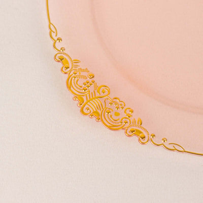 10-Pack Plastic Round Dinner Plates 10" Transparent Blush with Gold Leaf Embossed Rim - Vintage Baroque Style Disposable Plates